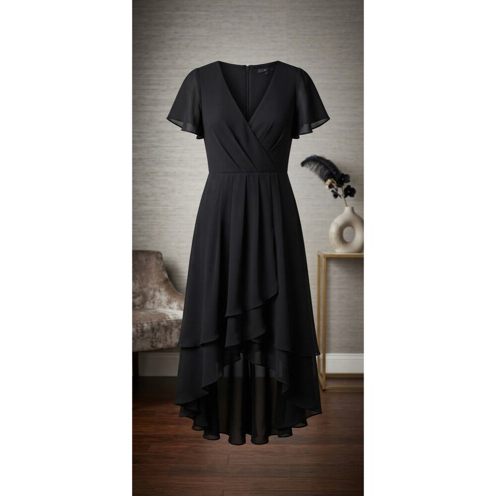 Ever-Pretty Women 4 Black Chiffon High-Low Ruffle Sleeve Dress New Wedding Guest
